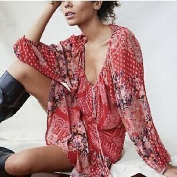 Free People  Seven Wonders Printed Mini Dress in Red - Picture 1 of 6